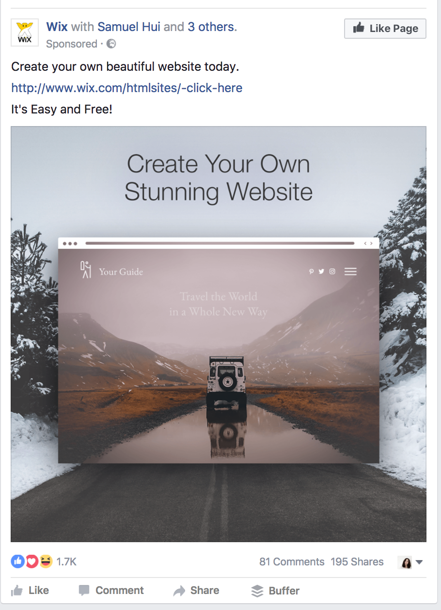 Wix facebook ad example