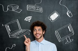 Happy man with computer technology